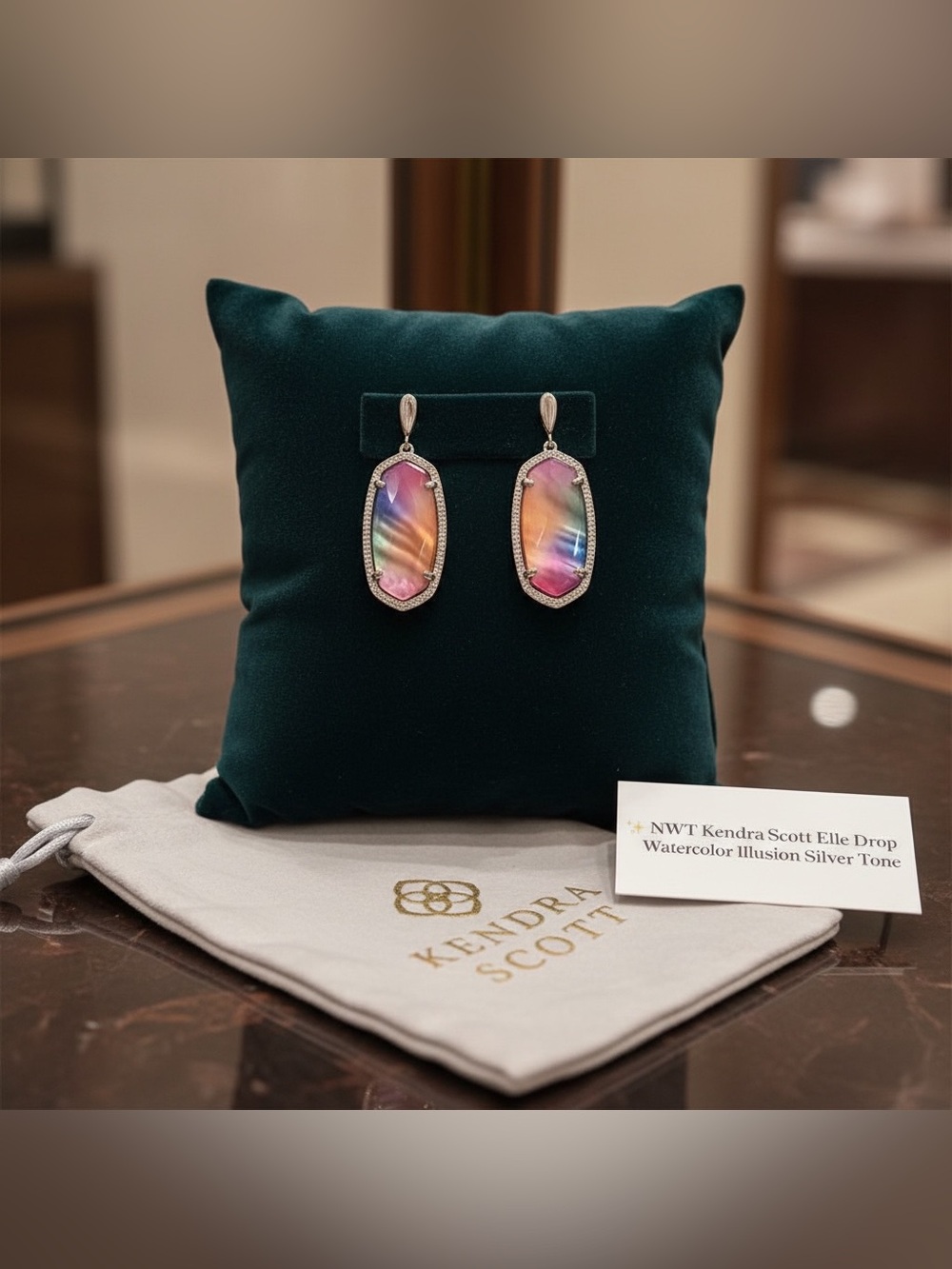 ✨ NWT Kendra Scott Elle Drop Earrings Watercolor Illusion Silver Tone